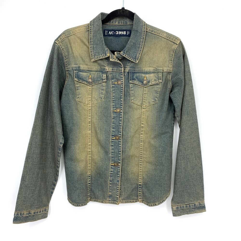AC-3998 Long Sleeve Shirt jacket Womens Size Large Dirty Wash Denim Look